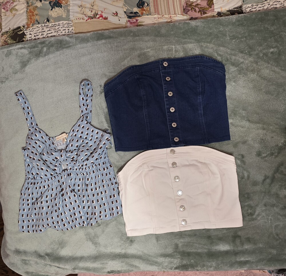 Button-Up Tube Top Blue & White & Crop Top